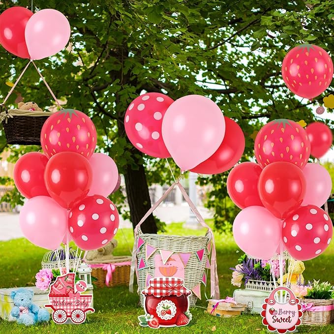 6 Sets Strawberry Balloon Stand Kit for Table Strawberry Baby Shower Centerpieces with Balloon Sweet Strawberry Party Balloon Decorations for Girls Strawberry Birthday Themed Supplies