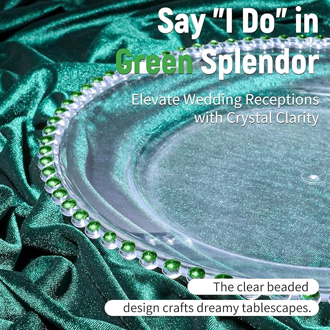 24 Pack Clear Charger Plates Bulk Wedding, 13 Inch Plastic Round Dinner Chargers with Green Beaded Rim, Acrylic Round Decorative Plates for Wedding Party Home and Tabletop Decor (Green)