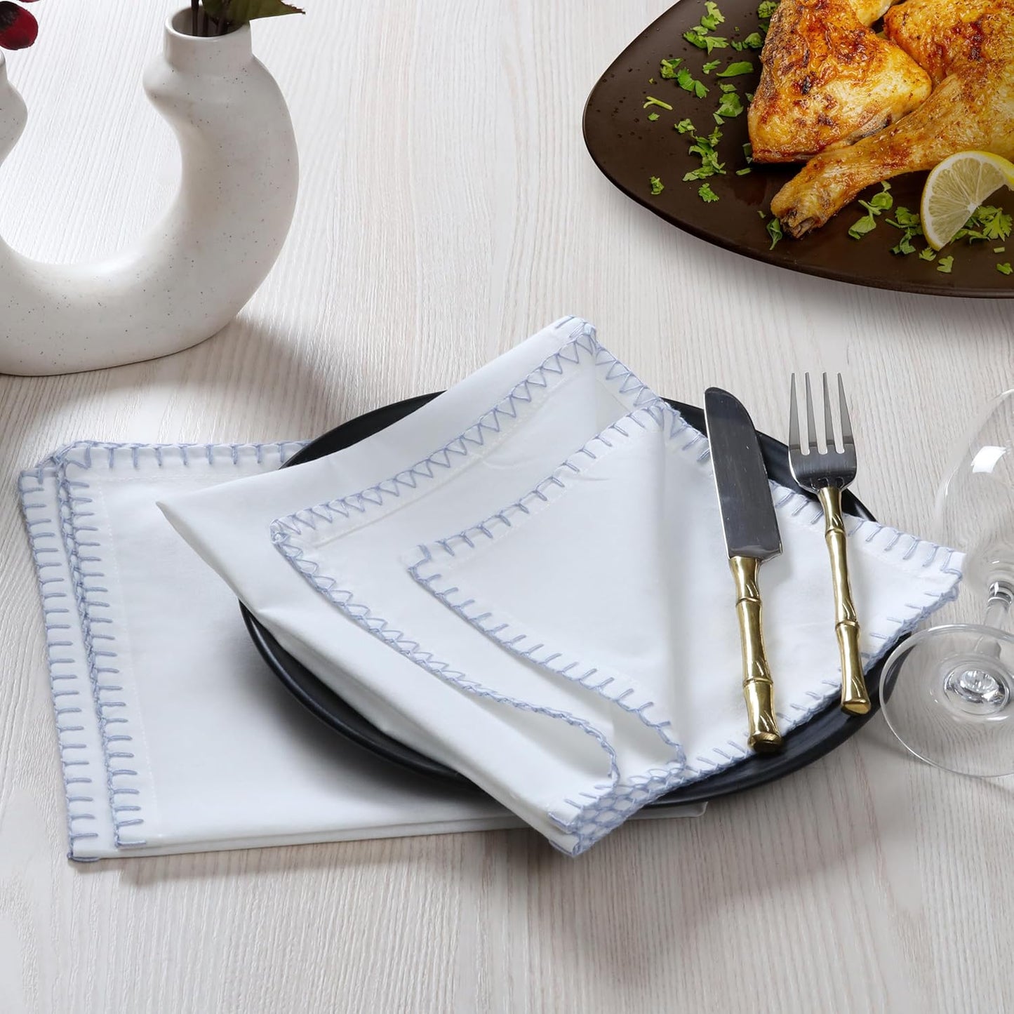 Bedding Craft Cotton Cloth Dinner Napkins Set of 12 – 18x18 Lavender Blue with Blanket Stitch Selvedge – Elegant Machine Washable Fabric Napkins for Weddings, Baby Showers, Parties & Dining