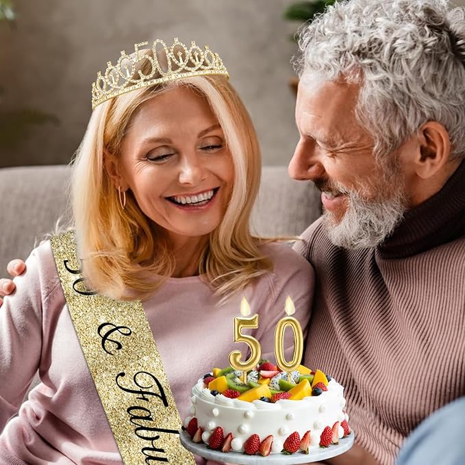 50th Birthday Decorations for Her with 50th Birthday Crown, 50 Sash for Women, Candles Gold, Gifts for 50 Year Old Woman