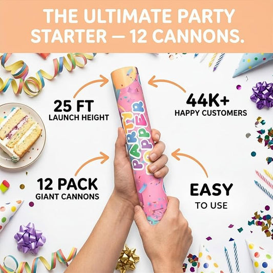 Confetti Poppers Confetti Cannon | 12 Pack | Glitter Multicolor | Party Poppers for Graduation, Birthday, Wedding | Alternative to Fireworks Smoke Bombs | Launches 25 ft | 12 inch | TUR Party Supplies