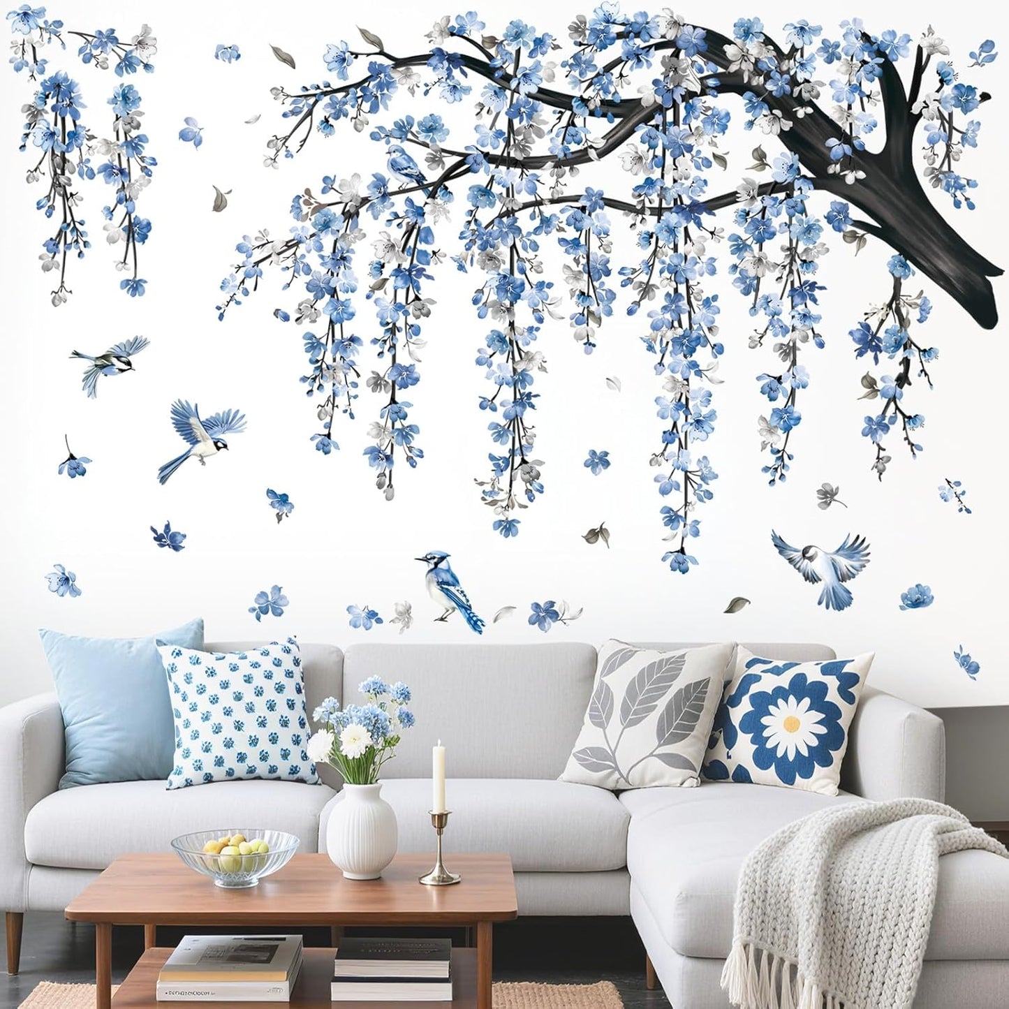 decalmile Large Blue Flower Branch Wall Decals Watercolor Cherry Blossom Tree Floral Birds Wall Stickers Living Room Bedroom TV Background Home Decor