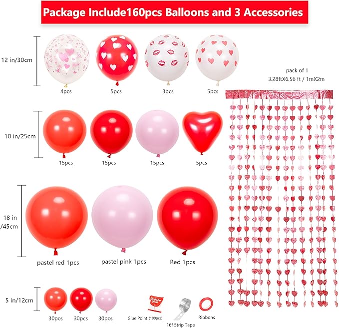 160pcs Valentine'S Balloon Arch Garland Kit Red and Pink Heart Kiss 3.2x6 Feet Love Backdrop for Mother's Day Wedding Engagement Birthday Party Day Decorations