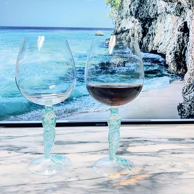 Supreme Housewares Mermaid Stem Wine Glasses, Blue Mermaid-Shaped Reusable Shatterproof Acrylic Glass for Red or White Wine, Poolside, Outdoors, Parties, 17 oz, Set of 2
