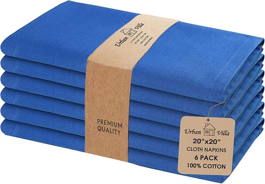 Urban Villa Dinner Napkins Solid Slub Set of 6 Royal Blue Color Premium Quality Dinner Napkins Size 20X20 in Cloth Napkins Cotton Cloth Napkins with Mitered Corners Ultra Soft DinnerNapkins