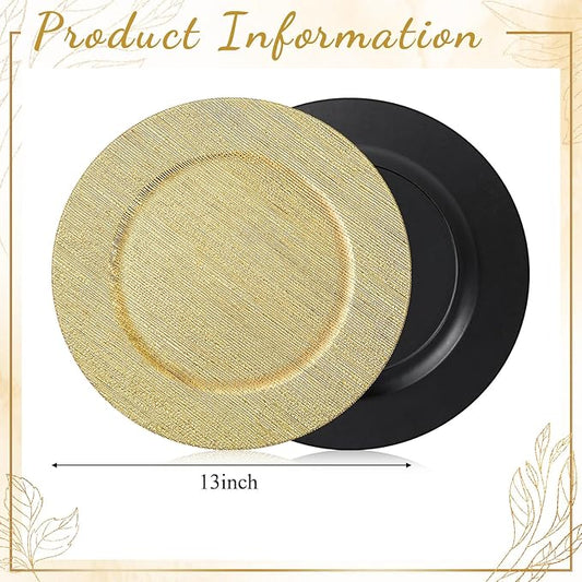 Tanlade 12 Pcs Charger Plates Bulk 13 Inch Plastic Texture Strip Wedding Chargers Floral Decorative Plates with Metallic Ruffled Rim for Wedding Party, Holiday Event Supplies(Gold)