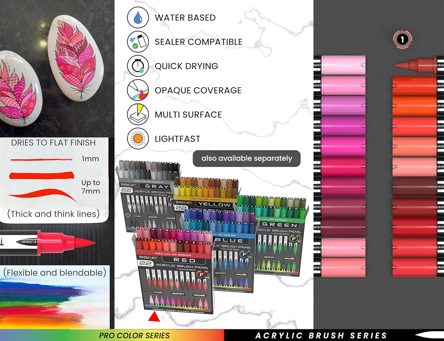 22 Flexible Brush Tip Acrylic Paint Pens Markers Set 1-7mm Line for Rock Painting, Brush Lettering, Glass, Mugs, Wood, Metal, Canvas, Fabric, Plastic. Non Toxic Waterbased Quick Drying Assorted Red