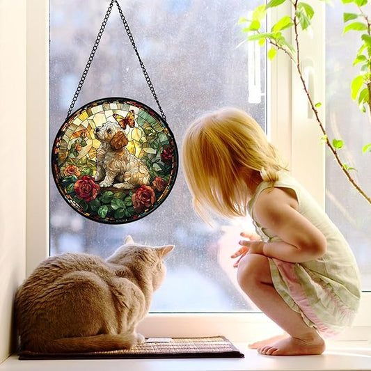 Stained Glass Window Hanging, Cute Dog and Flowers Suncatcher for Doors Home Butterfly Sun Catchers Decoration and Christmas, Mother's Day Birthday Gifts for Women, Men, and Mom 7.8 in