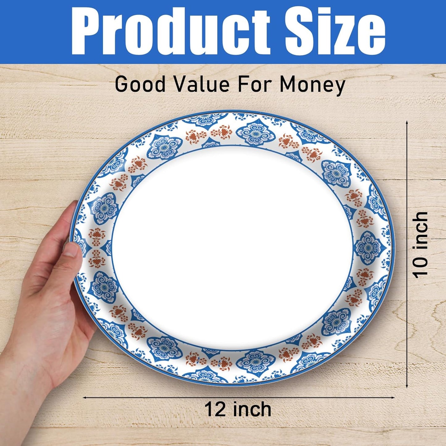 50Pcs Blue Floral Oval Plates 10"x 12", Large Disposable Paper Plates, Heavy Duty Flower Plate Tableware for Family Gathering, Dinner Time, Birthday, Wedding, Holiday Party Serving Supplies