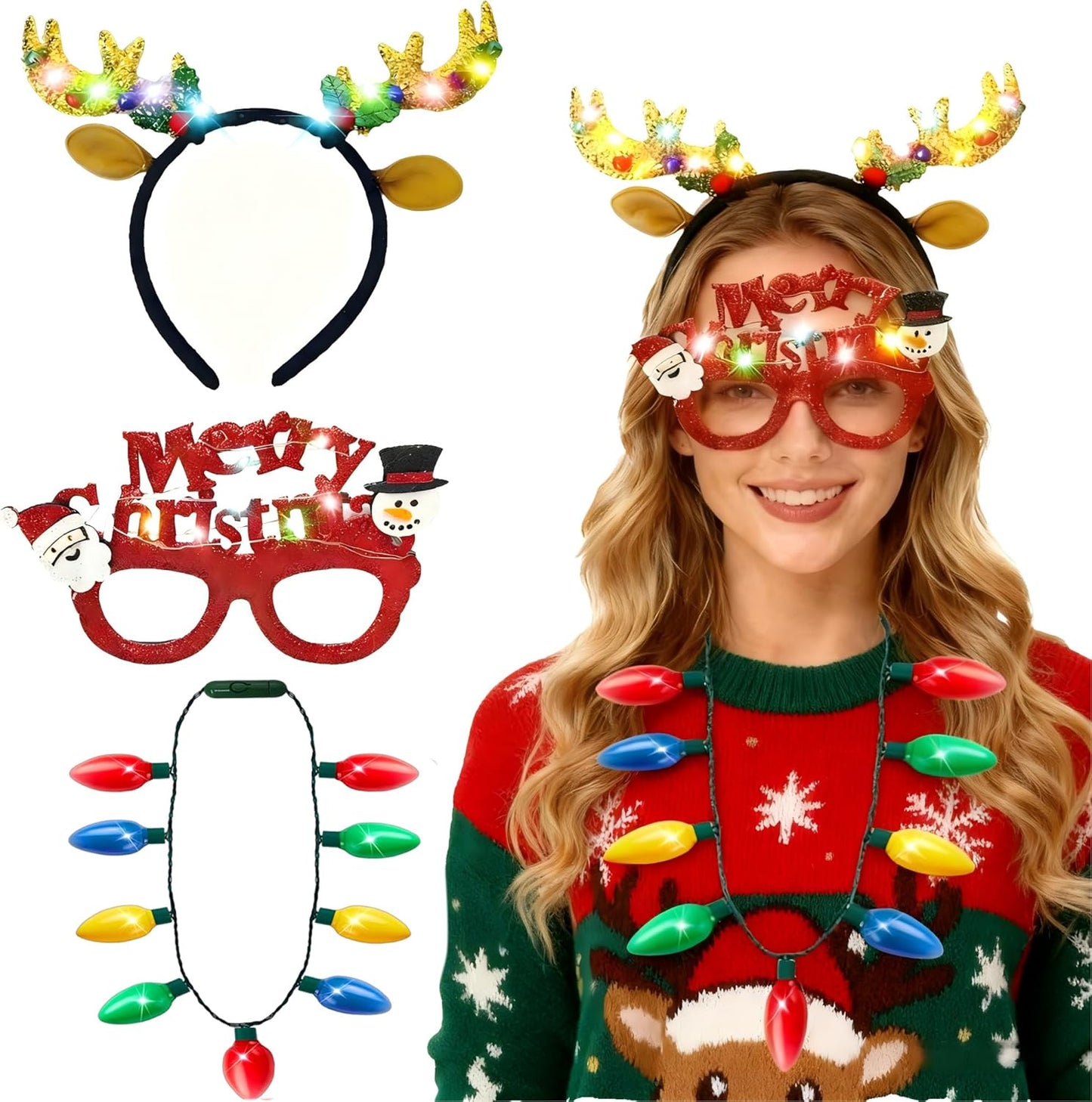 3 Pack Christmas Necklace Light Up Antlers Headband Glasses,Party Favors Accessories Stocking Stuffers