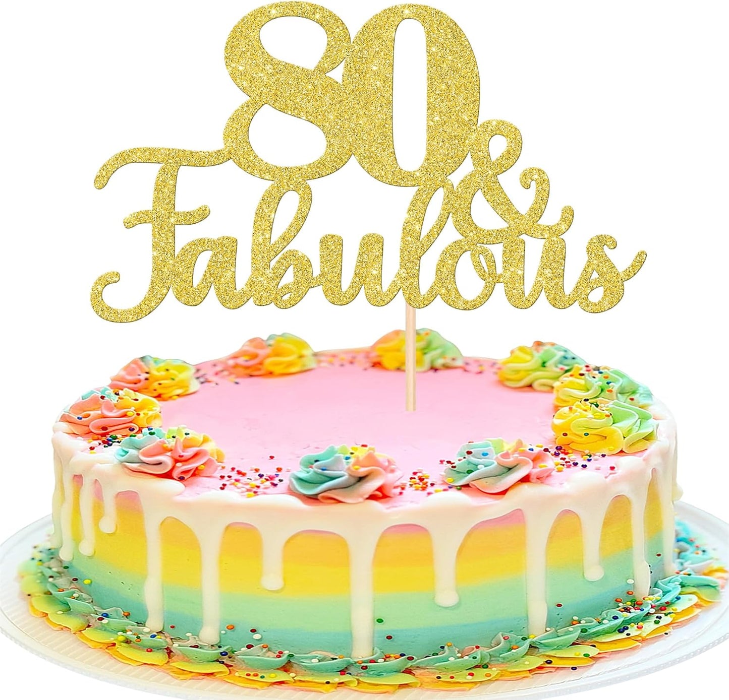 1 PCS 80 & Fabulous Cake Topper Gold Glitter 80th Birthday Anniversary Cake Pick Decoration for 80th Birthday Wedding Anniversary Party Decorations Happy 80th Birthday Cake Decorations Supplies
