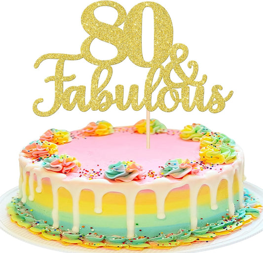 1 PCS 80 & Fabulous Cake Topper Gold Glitter 80th Birthday Anniversary Cake Pick Decoration for 80th Birthday Wedding Anniversary Party Decorations Happy 80th Birthday Cake Decorations Supplies