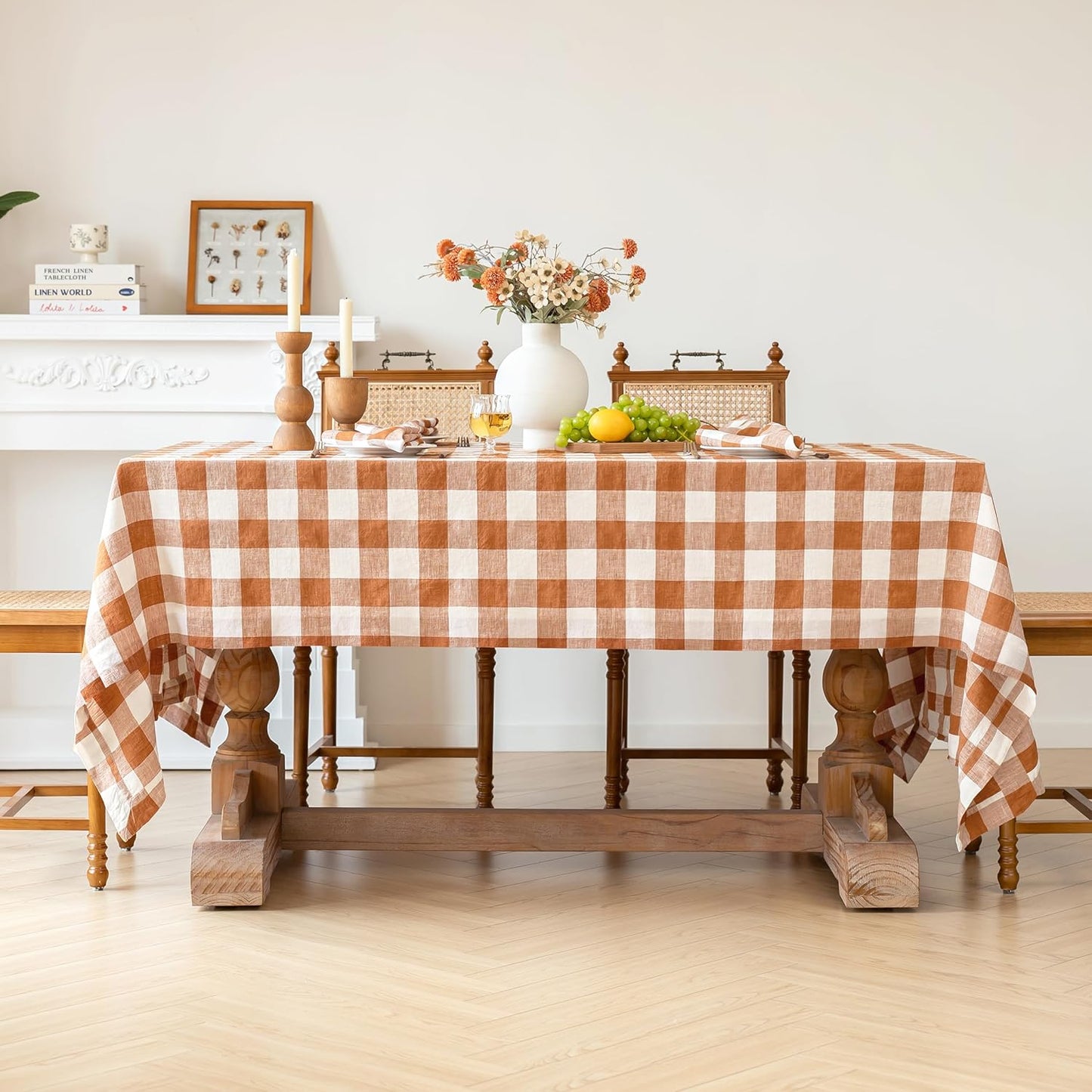 Linen World Gingham Tablecloth – Buffalo Plaid Linen Tablecloth 72" x 72" Inch,100% French Flax Table Cloth for Dining Table,Weddings,Thanksgiving & Christmas Decor,Rust Checkered