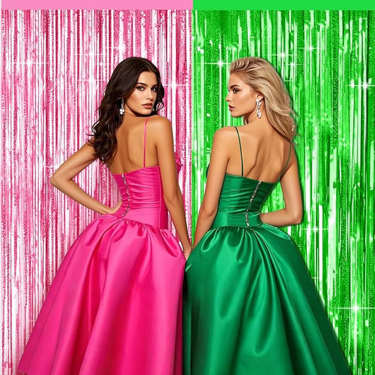 4 Packs Pink and Green Foil Fringe Curtain, Pink Green Metallic Tinsel Backdrop for Birthday, Baby Shower, Princess Bachelorette Party, Witch Party Decorations Supplies