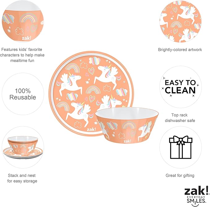 Zak Designs 5-Piece Dinnerware Set, Unicorn - Durable Plastic & Stainless Steel - Includes Water Bottle, 8-Inch Plate, 6-Inch Bowl, Fork & Spoon - Suitable for Kids Ages 3+