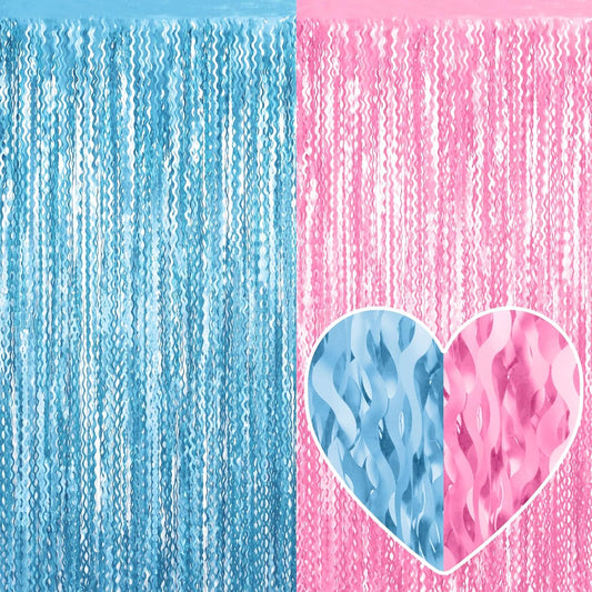 4 Pack Macaron Pink Blue Fringe Curtain Backdrop 3.2Ft x 8.2Ft Metallic Tinsel Foil Fringe Streamers Background for Photo Booth Mother's Day, Easter, Carnival, Birthday, Wedding Party Decoration