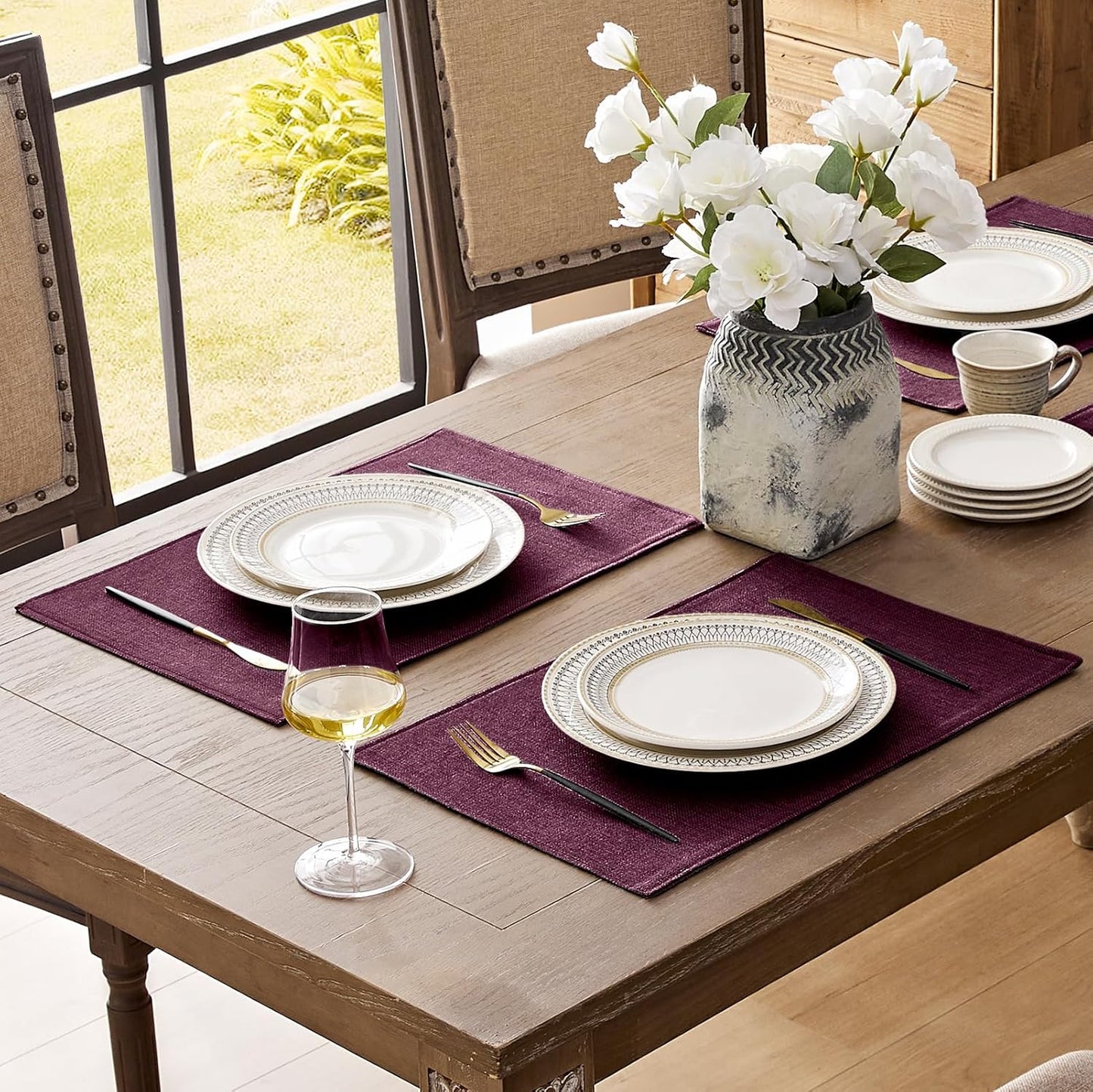 Romanstile Cloth Placemats Set of 4-12 x 18 Inch, Heat Resistant Double Layered Thickened Burlap Place Mats, Washable Linen Farmhouse Table Mats for Kitchen/Dining/Party/Outdoor, Purple