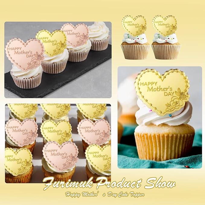 20 Pcs Mother's Day Cupcake Topper Acrylic Cake Disc Mirror Heart Cake Topper Engraved Happy Mother's Day Cake Topper Cupcake Decorations for Birthday Mother's Day Gifts Party Decor (Gold & Rose Gold)