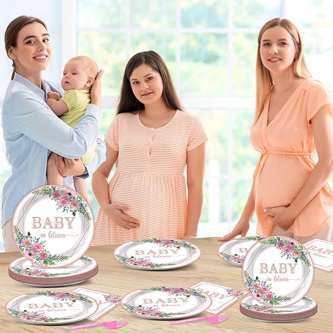 OBUSATT 96Pcs Baby in Bloom Party Supplies Baby in Bloom Floral Paper Plates Napkins Babies Shower Party Decorations Girl Floral Dinnerware Birthday Favor Pink Birthday Tableware Serves 24