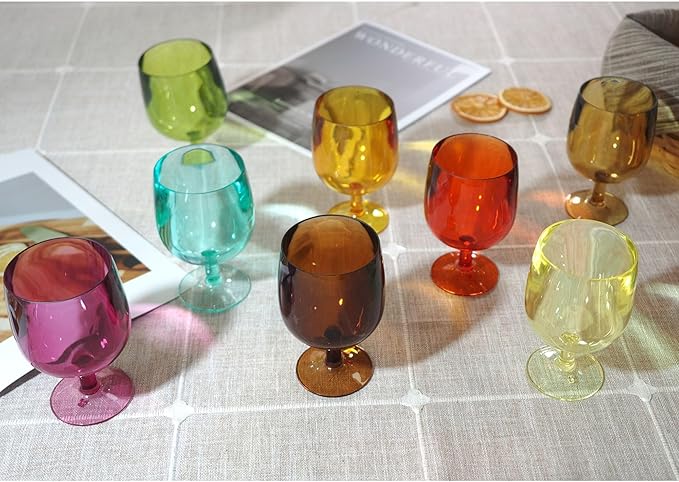 8.5 oz Plastic Stem Wine Glasses, Colored Stackable Acrylic Goblets, Reusable Drinking Cup for Kids, BPA-Free, Dishwasher Safe Tumblers for party (Set of 8, Gift Box)