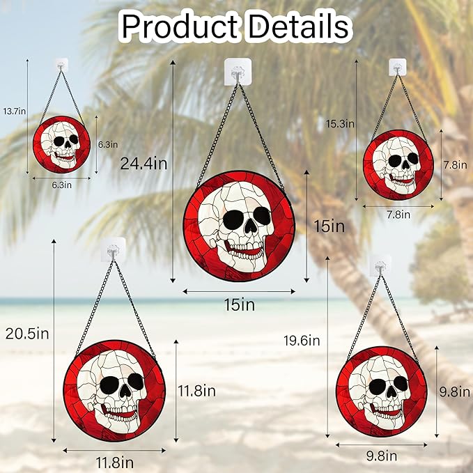 Stained Glass Window Hanging - Halloween Decoration White Skeleton Skull Suncatcher for Door Garden Spooky Red Sun Catchers Gothic Decor Horror Gifts for Women Men Friend Boy Girl 15 in