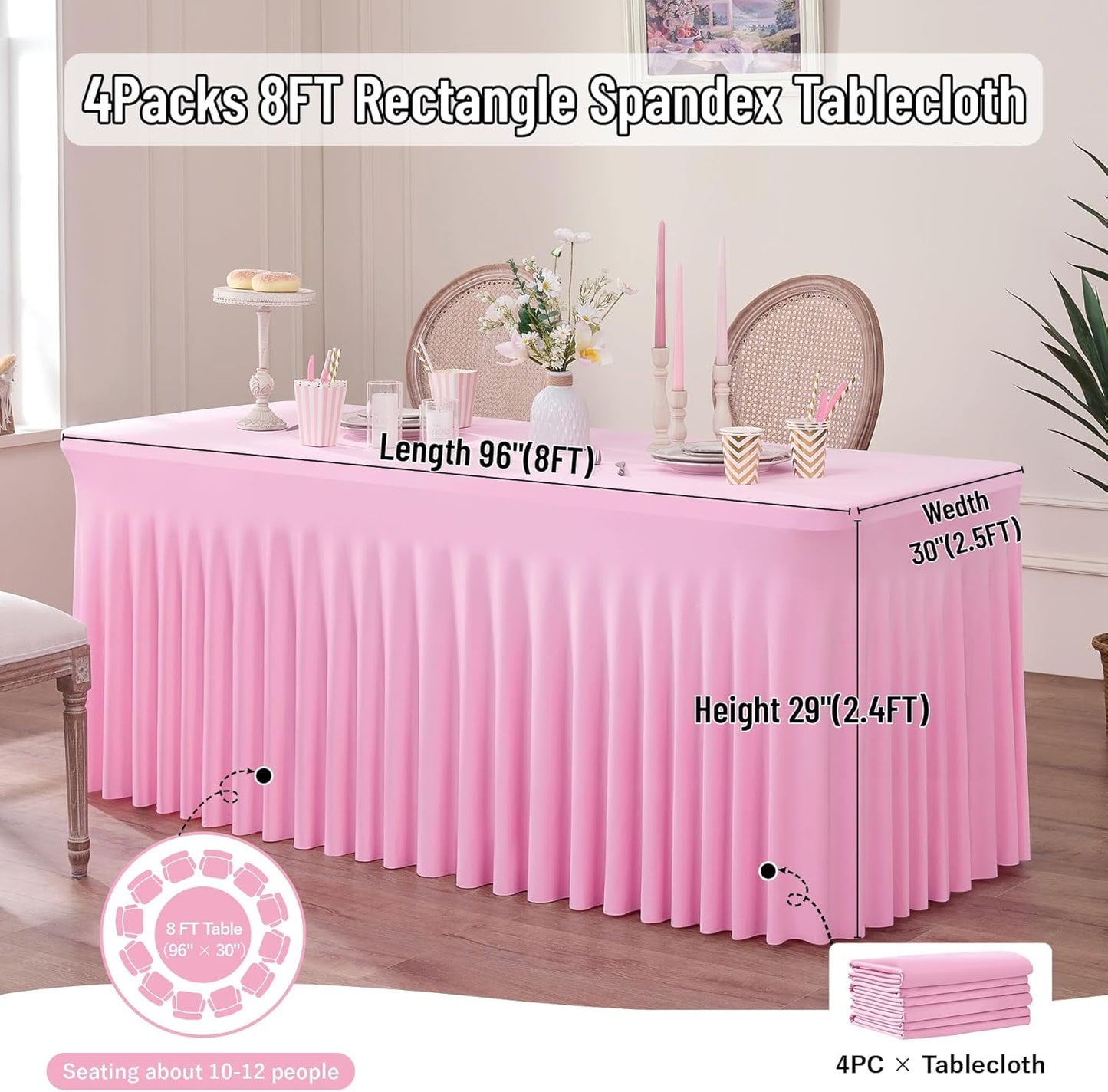 Outpain 8ft Spandex Table Cloth for Standard Folding Tables-4Pack Baby Pink Table Cloth Table Protector for Party, Wedding, Cocktail, Banquet, Festival