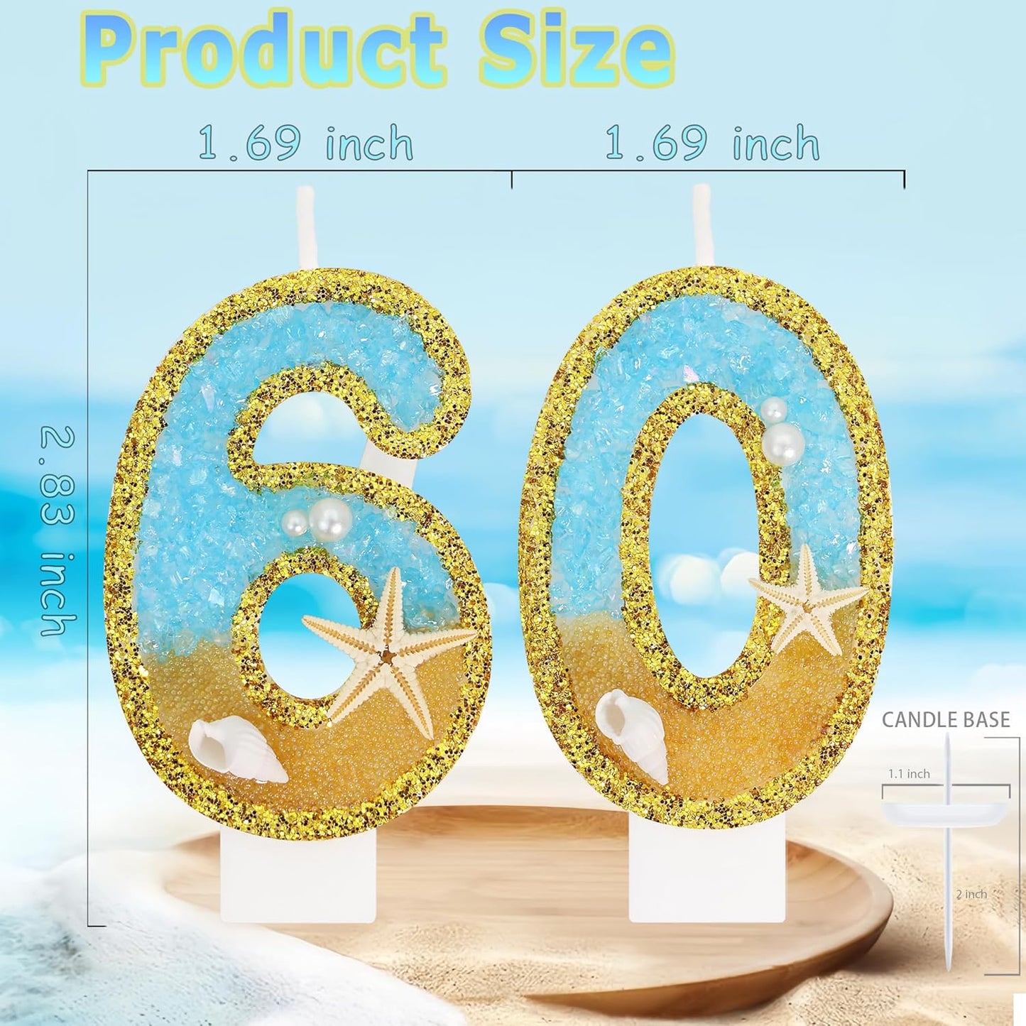 Ocean Number 60 Candle, Glitter Gold Beach Starfish Cake Topper, Tropical Ocean Princess Birthday Decorations for Party Supplies Wedding Anniversaries
