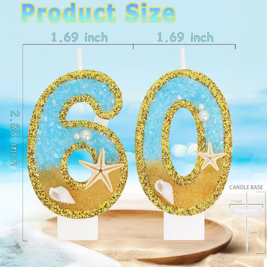 Ocean Number 60 Candle, Glitter Gold Beach Starfish Cake Topper, Tropical Ocean Princess Birthday Decorations for Party Supplies Wedding Anniversaries