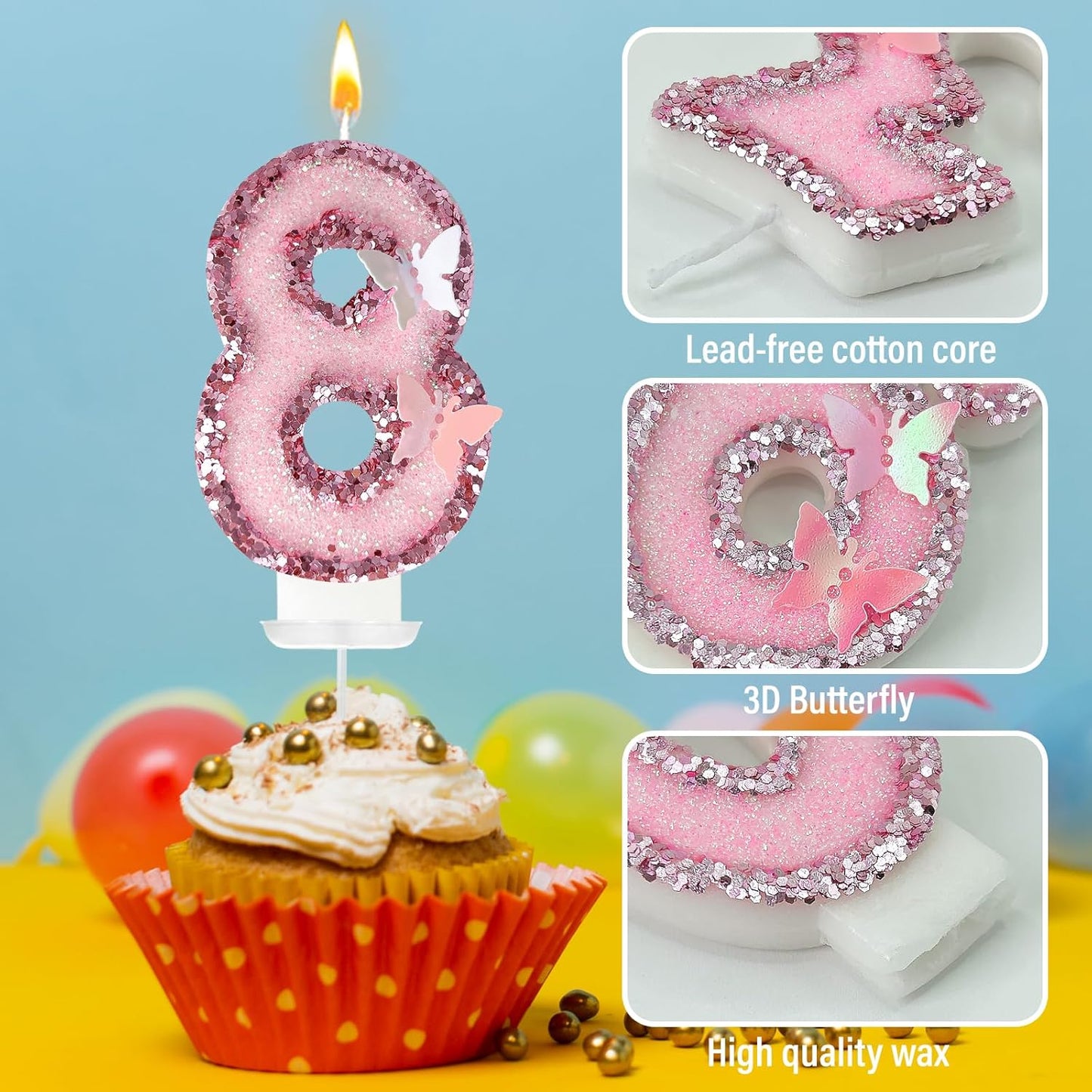 18Th Birthday Candles，Glitter Butterfly Cake Toppers Pink Sequins Wedding Numeral Cupcake Decorations，Suitable for Girl and Boy Wedding Cakes, Party Celebrations, Birthday Decorations (18)