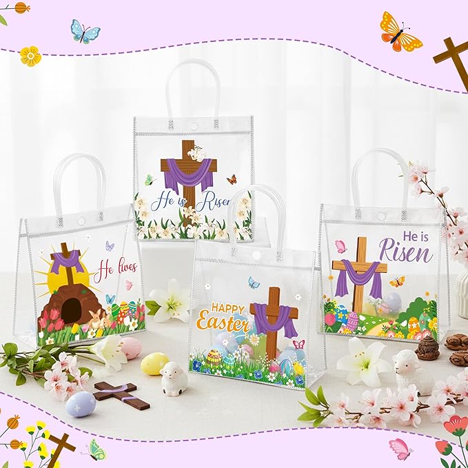 H1vojoxo Religious Easter Gift Bags - 24PCS He is Risen Christian Clear PVC Gift Bags with Handle for Kids Cross Print Reusable Goodie Treat Candy Snack Bag for Easter Church Party Favors Supplies
