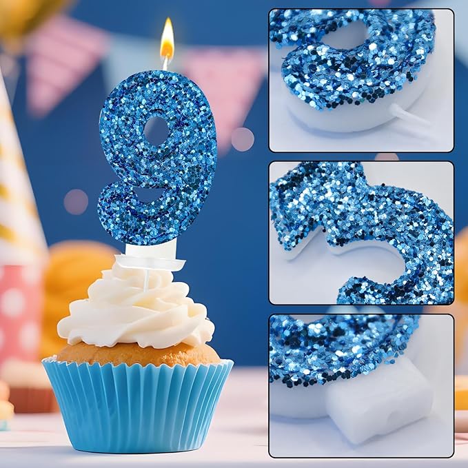 Zailo Birthday Number Candles, Glitter Number Candle Cake Decorations with Sequins, Cupcake Decorations for Girls, Women, Party Anniversary Celebrations (Number 9, Blue)