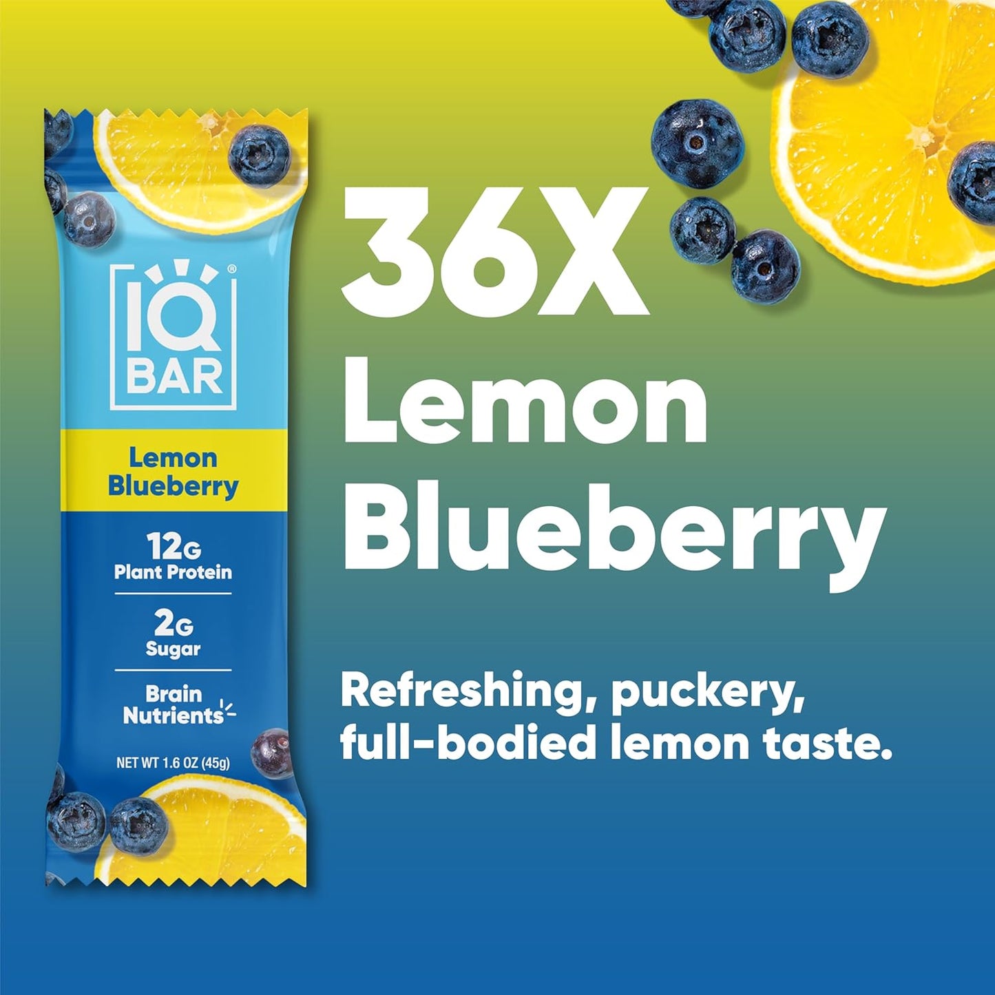 IQBAR Brain and Body Plant Protein Bars - Lemon Blueberry - 36-Count - Keto, Vegan, Low Carb, High Fiber, Gluten Free, Dairy Free, Low Sugar Snack with Nutrients for Focus, Energy, Meal Replacement