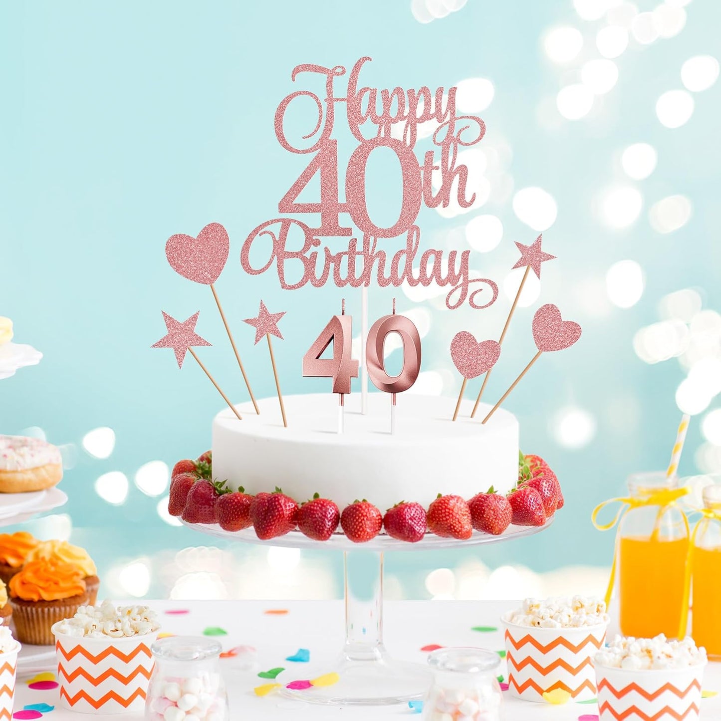 40th Birthday Cake Decorations, 40th Birthday Candles Cake Numeral Candles and Glitter Happy 40th Birthday Cake Toppers Set for Birthday Party Supplies (Rose Gold)