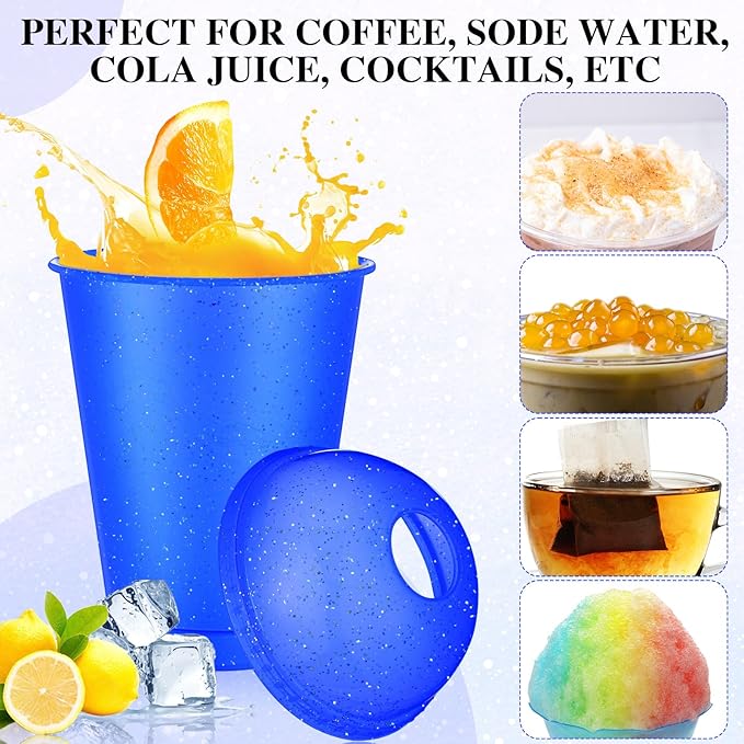 6 Set Slushie Cups with Dome Lids and Straws Detachable Spoon Straws Reusable Plastic Iced Coffee Cups Smoothie Tumbler for Birthdays Summer Party Supplies(Blue,16 oz)