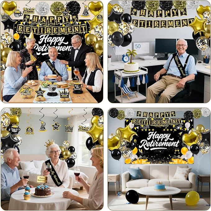 Retirement Party Decorations, Black Gold Happy Retirement Decorations for Women Men Happy Banner & Backdrop Hanging Swirls Foil Balloon Retire Sash Paper PomPoms and Honeycomb Centerpieces