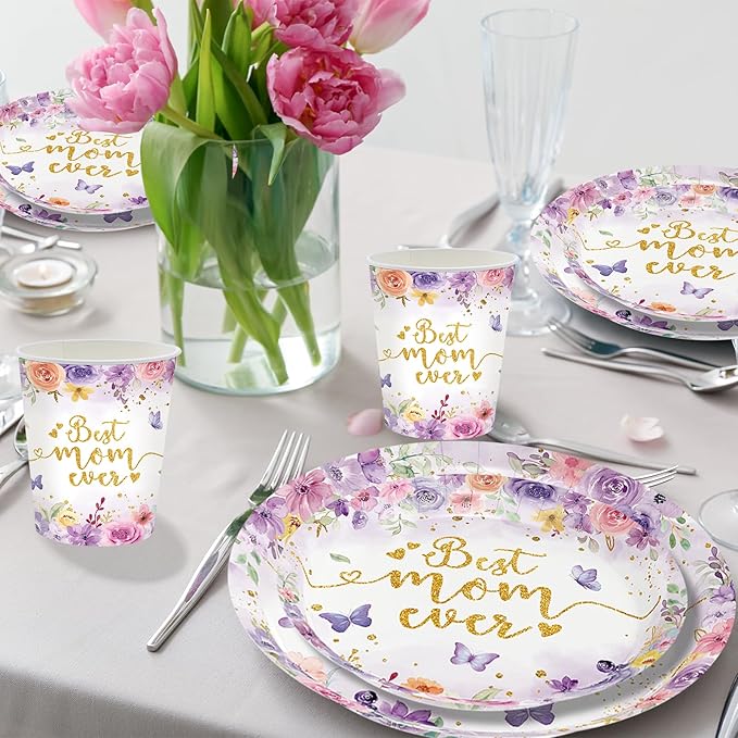 Mother's Day Party decorations 144Pcs Butterfly Floral Mother's Day Plates and Napkins Cups Serve 24 Include Best Mom Ever Plates, Napkins, Cups and Forks for Spring Birthday, Mothers Day, Tea Party