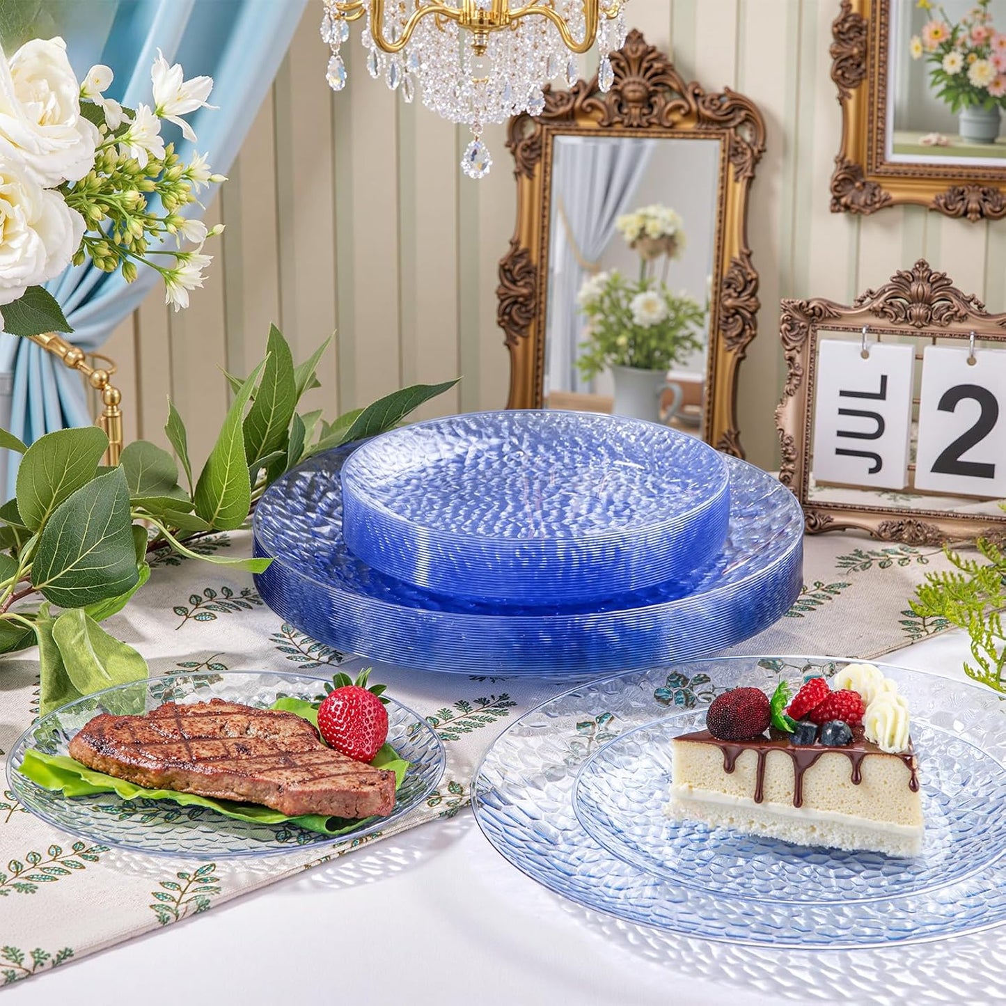 Rubtlamp 60Pcs Plastic Blue Plates, Heavy Duty Disposable Plates, Blue Hammered Party Plate Include 30 Dinner Plate, 30 Dessert Platos, Fancy Disposable Platos For Wedding Parties