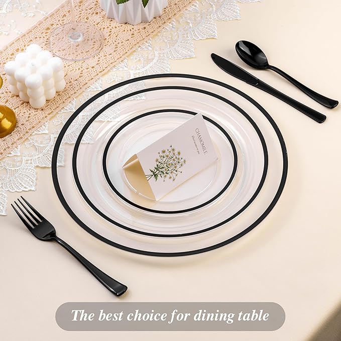 BESTSTAR 12 Inch Disposable Decor Charger Plates, 15 Pack Plastic Clear Plates with Gold Rim, Perfect Table Decor for Party, Wedding, Dinner