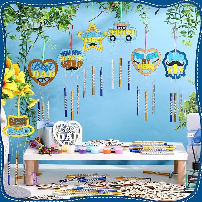DoubleFill 30 Pack Wind Chime Kit Make You Own Father's Day Wind Chimes Crafts DIY Coloring Wooden Father's Day Art and Craft for Dad's Birthday Gifts Party Decoration Hanging Ornaments