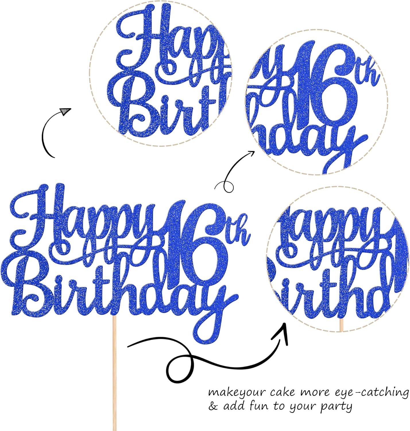 1 PCS Happy 16th Birthday Cake Topper Glitter Cheers to 16 Years Birthday Cake Pick Sweet 16 Fabulous Cake Decoration for Happy 16th Birthday Theme Party Decorations Supplies Blue