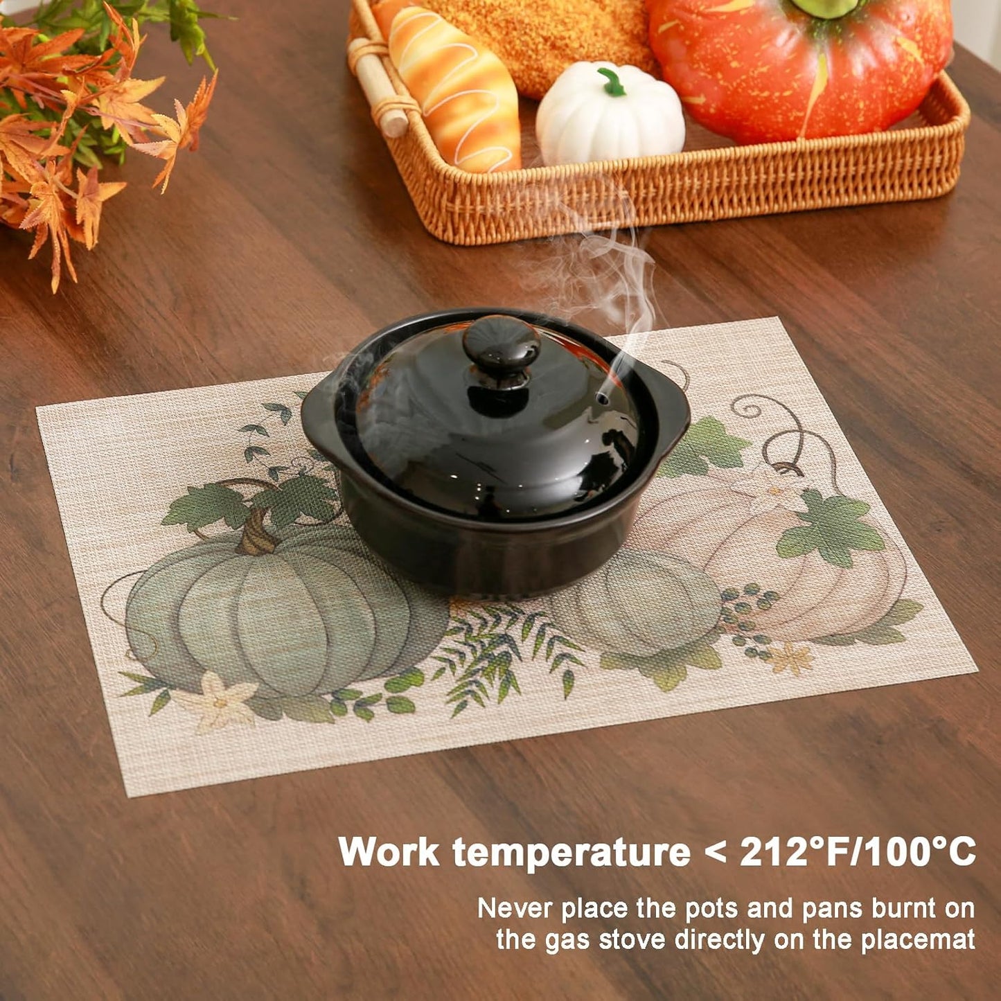 Thanksgiving Placemats Set of 6 Fall Place Mats Pumpkin Maple Leaves Table Mats Washable Non-Slip Heatproof Woven Placemats for Dining Table (17.7" X 11.8")