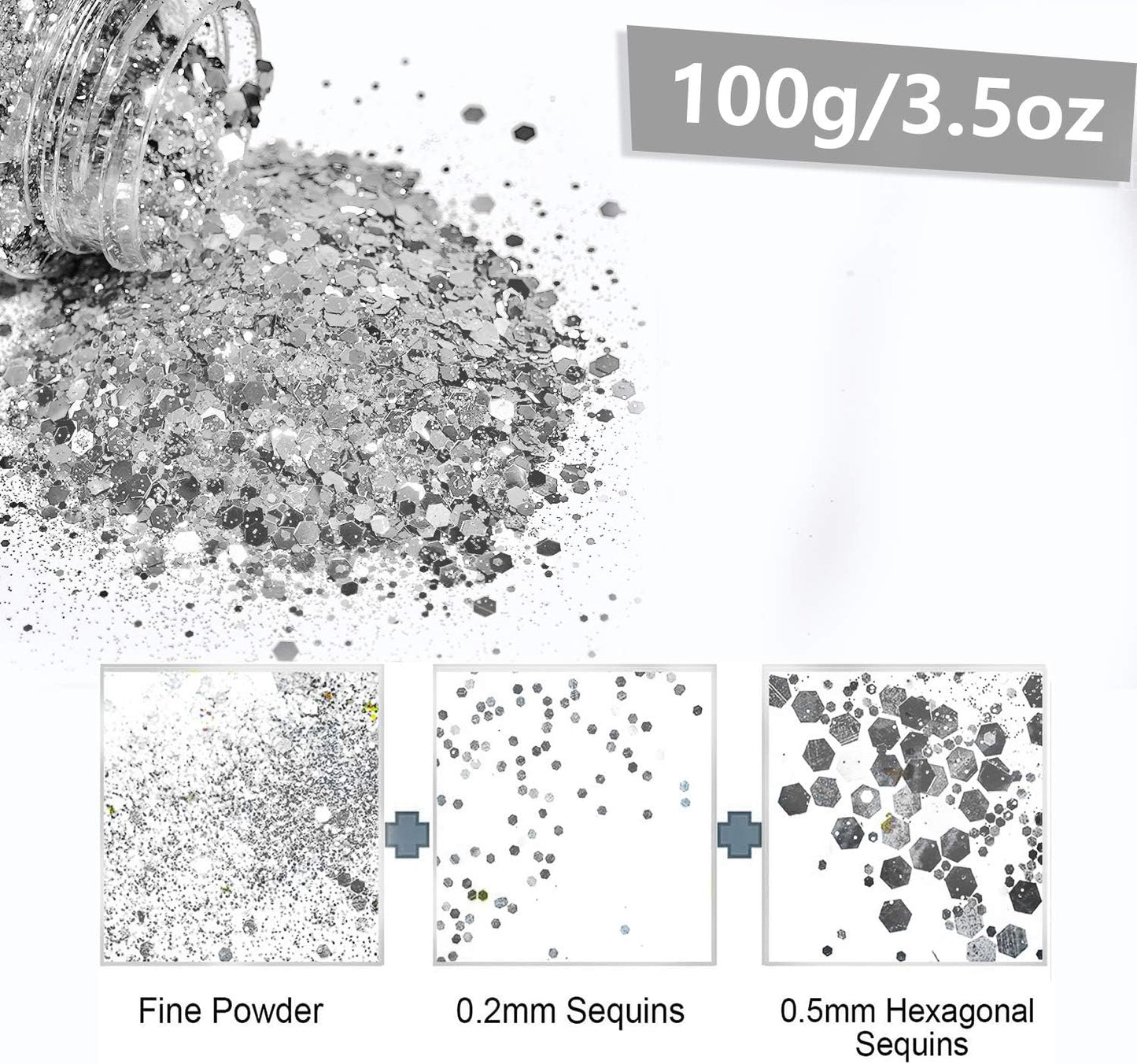 HEMOER Silver Glitter, 100g/3.5oz Holographic Chunky Glitter Mixed Hexagon Chunky & Fine Flakes Iridescent Sequins for Epoxy Crafts, Resin, Nail Body, Tumblers, Party Decoration