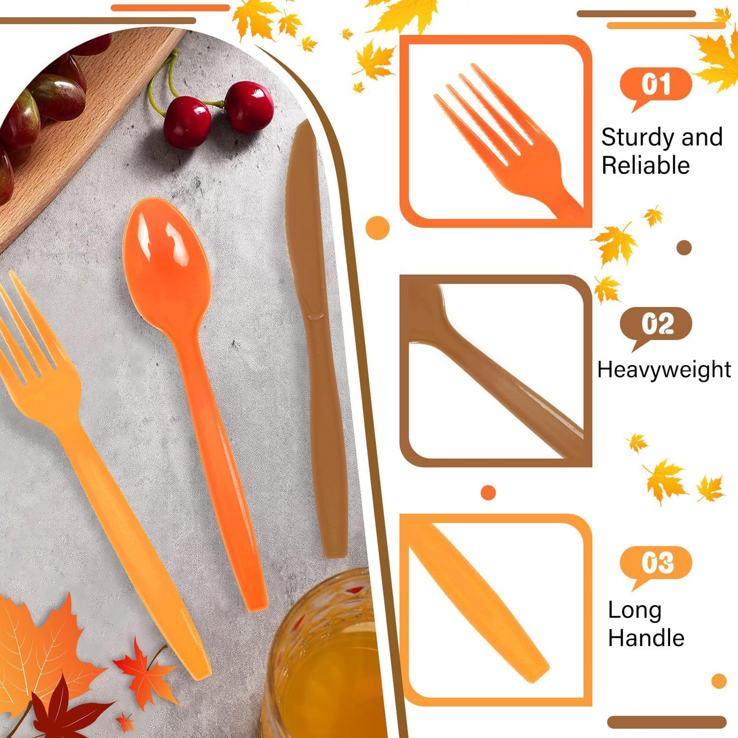 180 PCS Autumn Plastic Silverware Set Disposable Orange Brown Utensils Heavy Duty Plastic Cutlery Set Disposable Includes Spoons Forks Knives for Thanksgiving Party Decoration Supplies