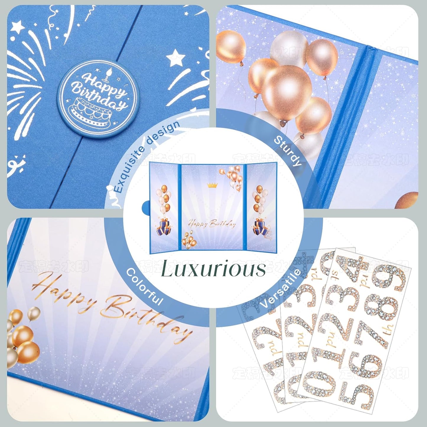 Blue Gold Birthday Party Decorations,18" x 12" Creative Birthday Decorations Guest Sign in Book Alternative, for Men and Women of All Ages, Happy Birthday Party Supplies