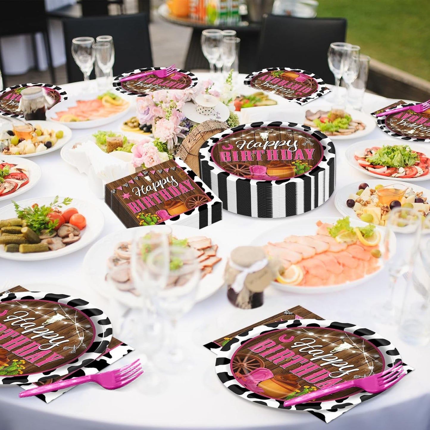 gisgfim 200pcs Cowgirl Birthday Party Decorations - Western Plates, Napkins & Disposable Forks - Pink Cow Western Girl Rodeo Tableware Set - Serves 50