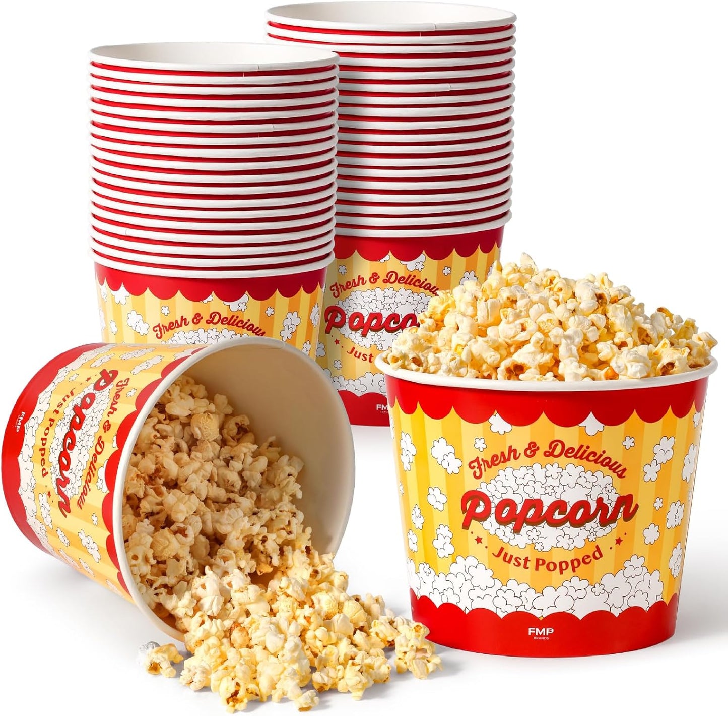 Fit Meal Prep 150 Pack Classic Paper Popcorn Buckets Disposable, 85 Oz Grease Resistant Popcorn Bowls Cups for Machine Home Theater Carnival Movie Night