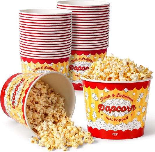 Fit Meal Prep 150 Pack Classic Paper Popcorn Buckets Disposable, 85 Oz Grease Resistant Popcorn Bowls Cups for Machine Home Theater Carnival Movie Night