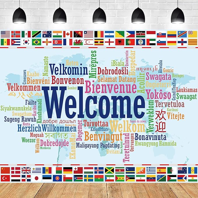 Homewelle International Flag Backdrop 8Wx6H Feet Polyester Fabric World Map Colorful Multilingual Welcome Banner Decoration Country Events Sports Club Favors Photography Background Photo Shoot Props