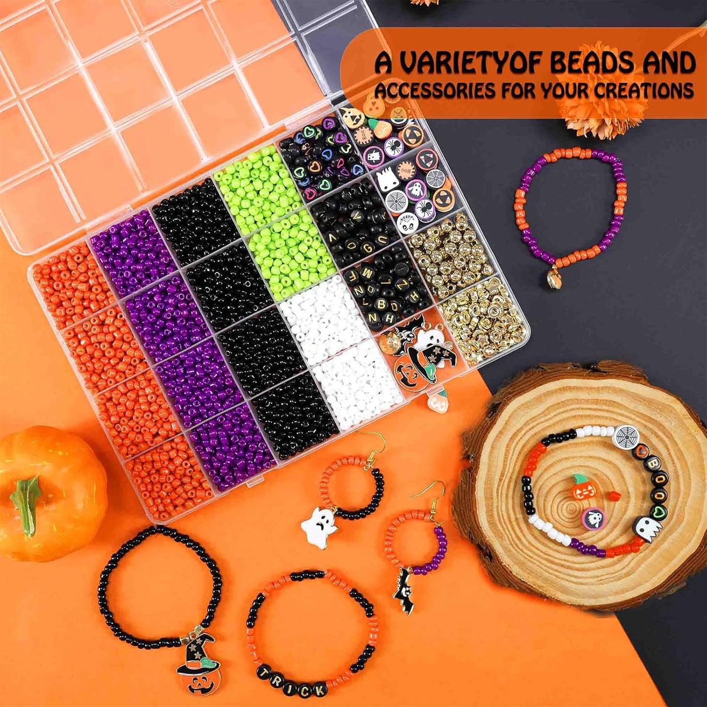 Redtwo Halloween 4mm Glass Seed Beads for Jewelry Bracelet Making Kit, Friendship Bracelet Kit, Letter and Polymer Clay Beads, DIY Art Craft Girls Gifts.