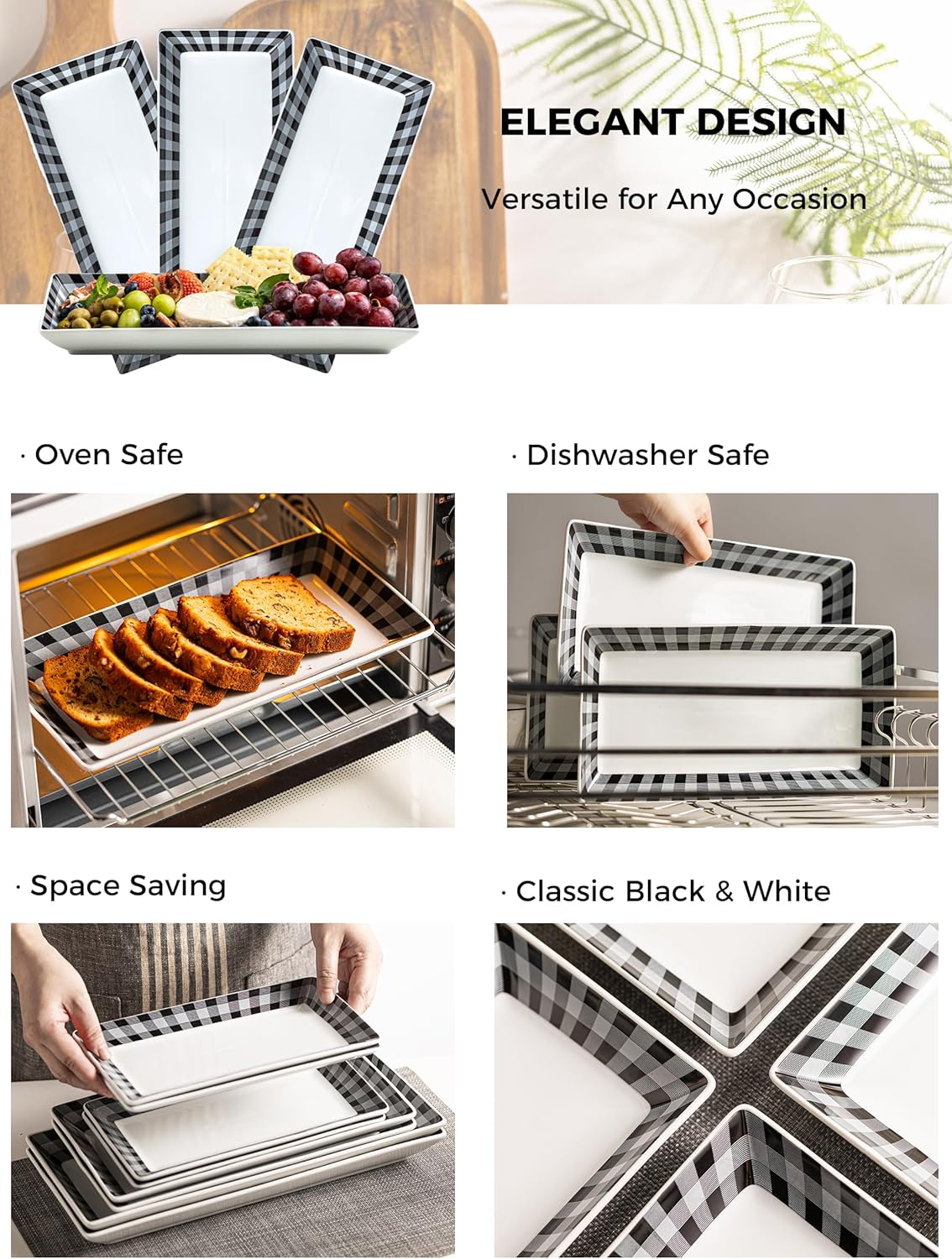 YHOSSEUN Ceramic Serving Platters Set of 4, Black and White Serving Platters and Trays for Food, Rectangular Halloween Plates Serving Dishes for Parties, Checkered, 12 Inch